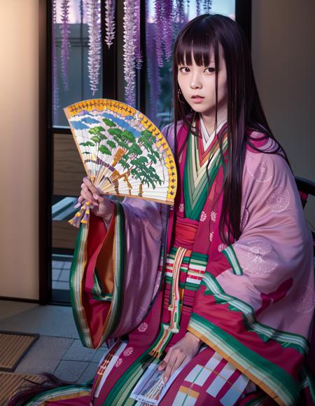 25190-3726361194-(masterpiece, best quality, high resolution), ((cowboy shot))_Caster3, junihitoe kimono, 1girl, hand fan, solo, wisteria, lookin.png